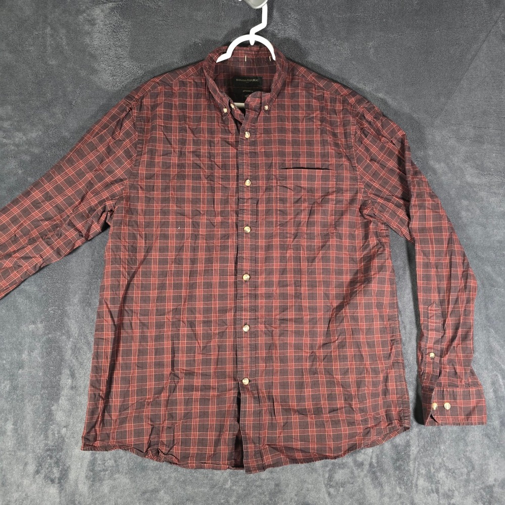 Banana Republic Mens Plaid Button‎ Down Shirt Burgundy Red Untucked Fit L